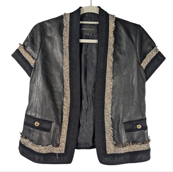 BCBG Max Azria Women's Black Leather Open Front Fringe Bikercore Jacket Size S - Picture 3 of 15